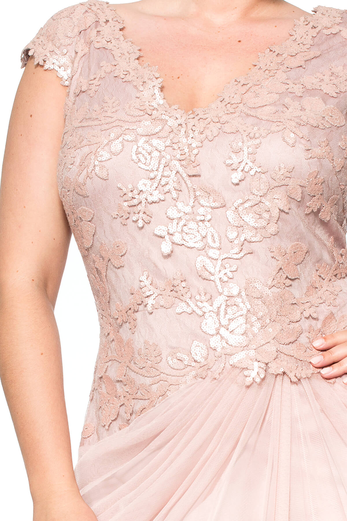 Paillette Embroidered Lace V-Neck Gown with Tulle Skirt - PLUS SIZE
