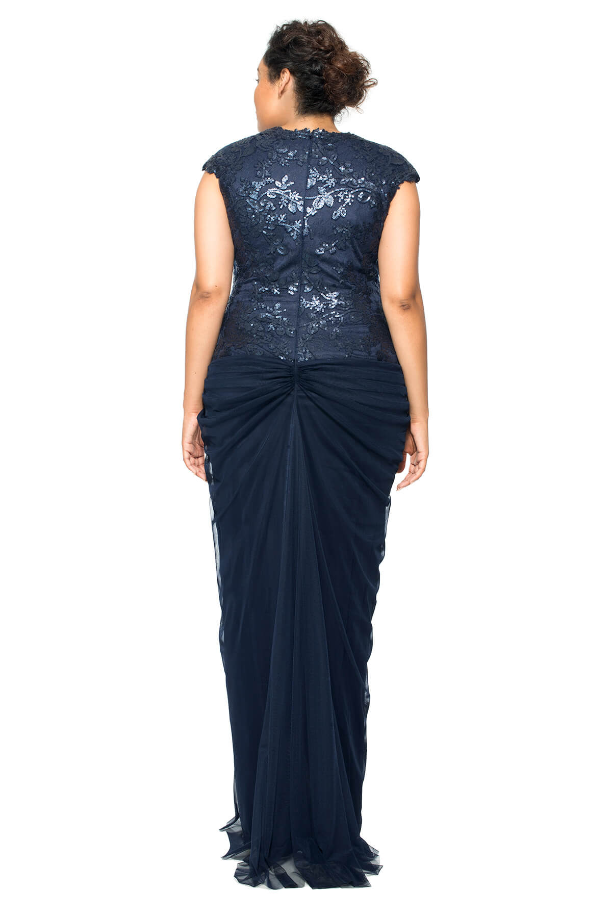 Paillette Embroidered Lace V-Neck Gown with Tulle Skirt - PLUS SIZE
