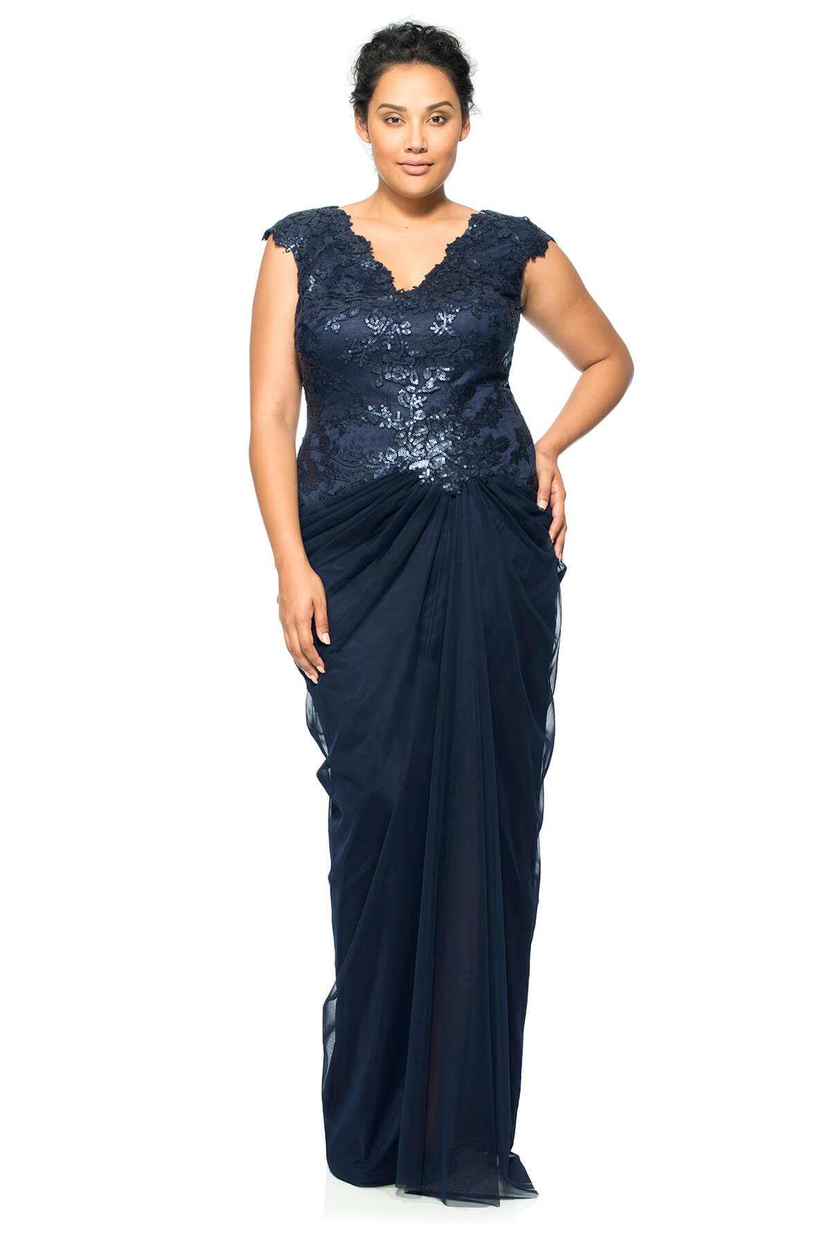 Paillette Embroidered Lace V-Neck Gown with Tulle Skirt - PLUS SIZE