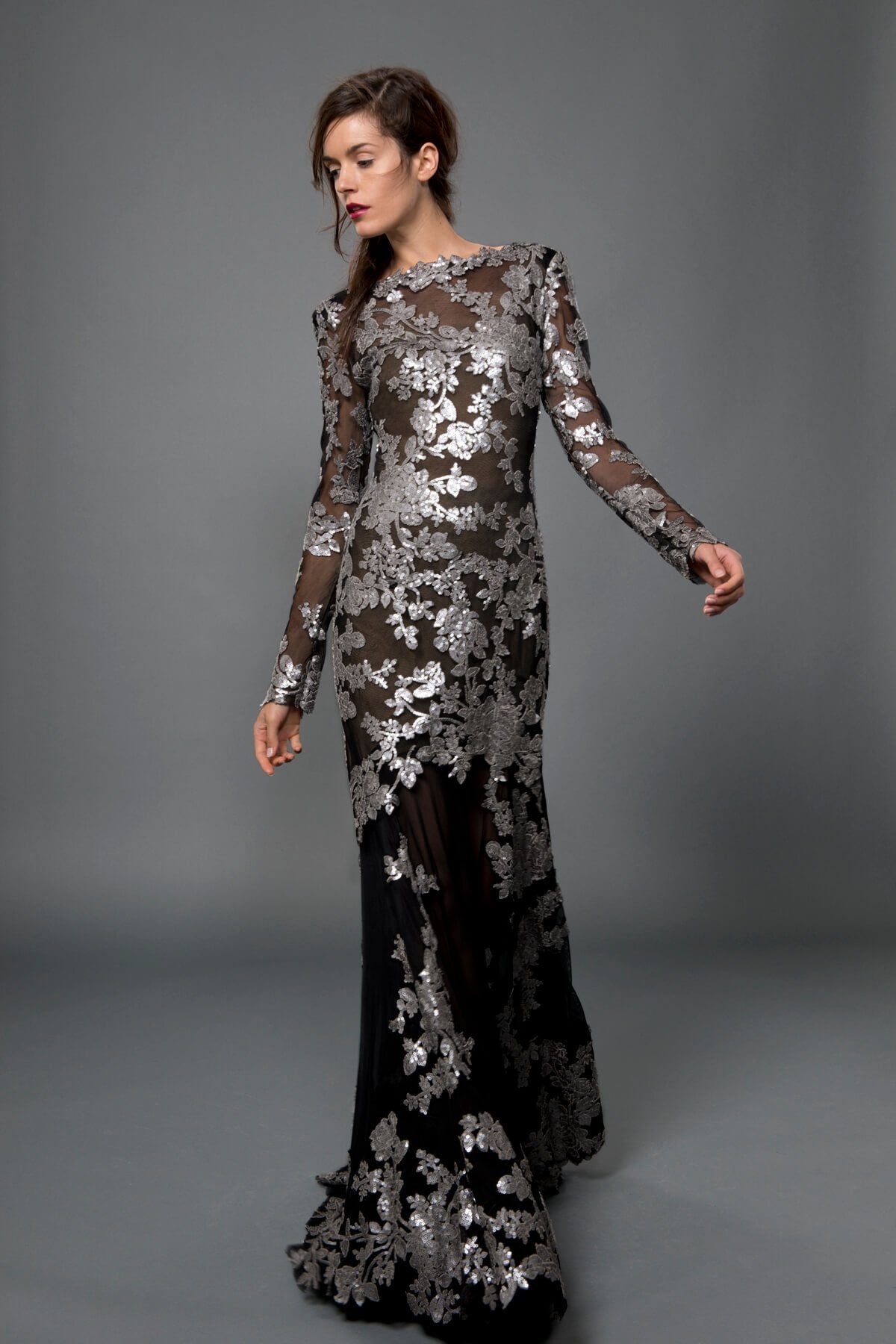 Paillette Embroidered Lace Gown in Duchess Grey