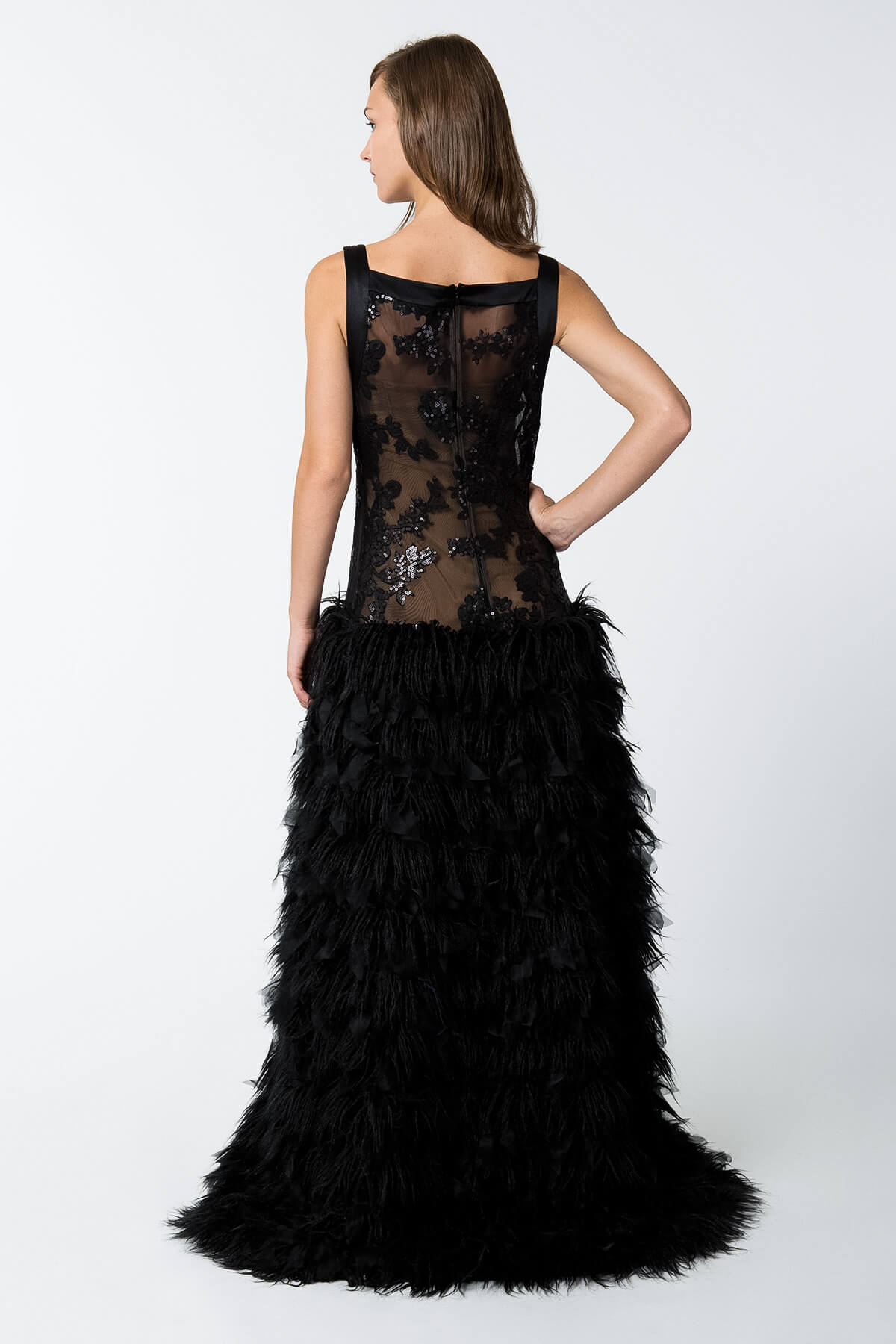 Paillette Embroidered Lace Boatneck Gown with Faux Fur and Organza Skirt in Black / Nude