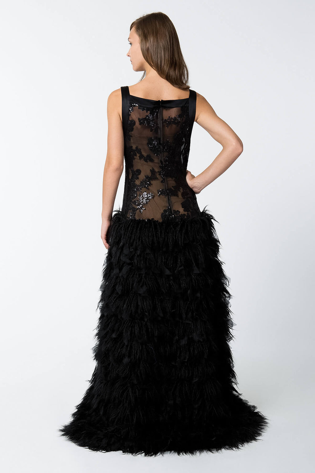 Paillette Embroidered Lace Boatneck Gown with Faux Fur and Organza Skirt in Black / Nude