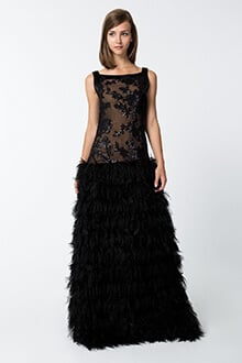 Paillette Embroidered Lace Boatneck Gown with Faux Fur and Organza Skirt in Black / Nude