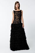 Paillette Embroidered Lace Boatneck Gown with Faux Fur and Organza Skirt in Black / Nude