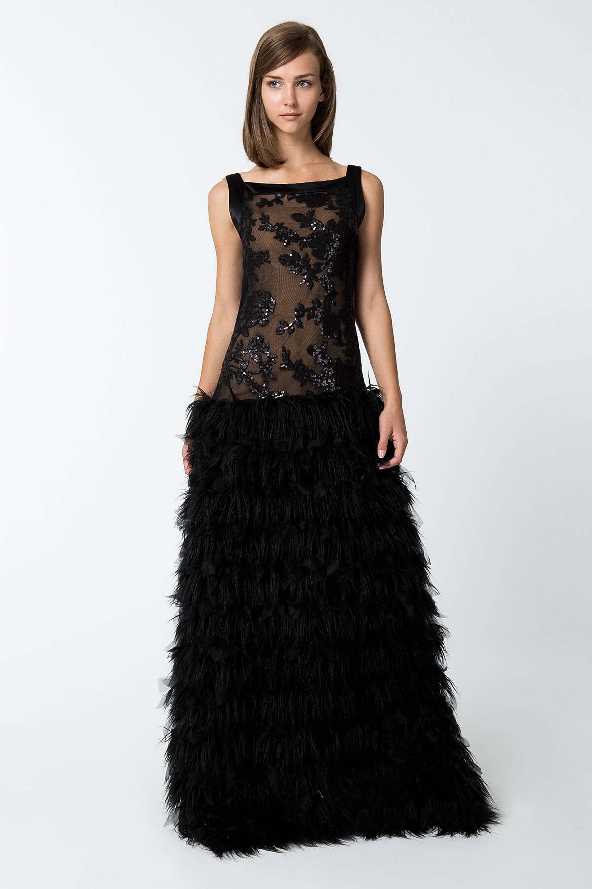 Paillette Embroidered Lace Boatneck Gown with Faux Fur and Organza Skirt in Black / Nude