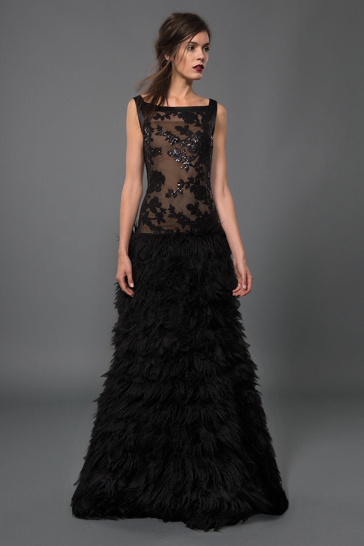 Paillette Embroidered Lace Boatneck Gown with Faux Fur and Organza Skirt in Black / Nude