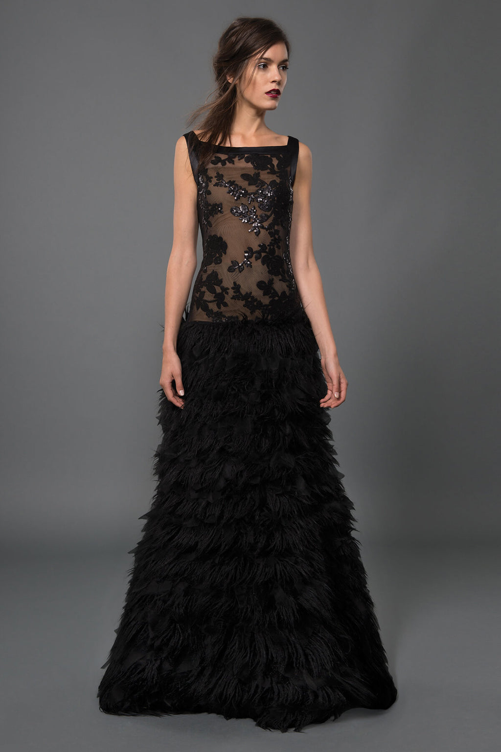 Paillette Embroidered Lace Boatneck Gown with Faux Fur and Organza Skirt in Black / Nude