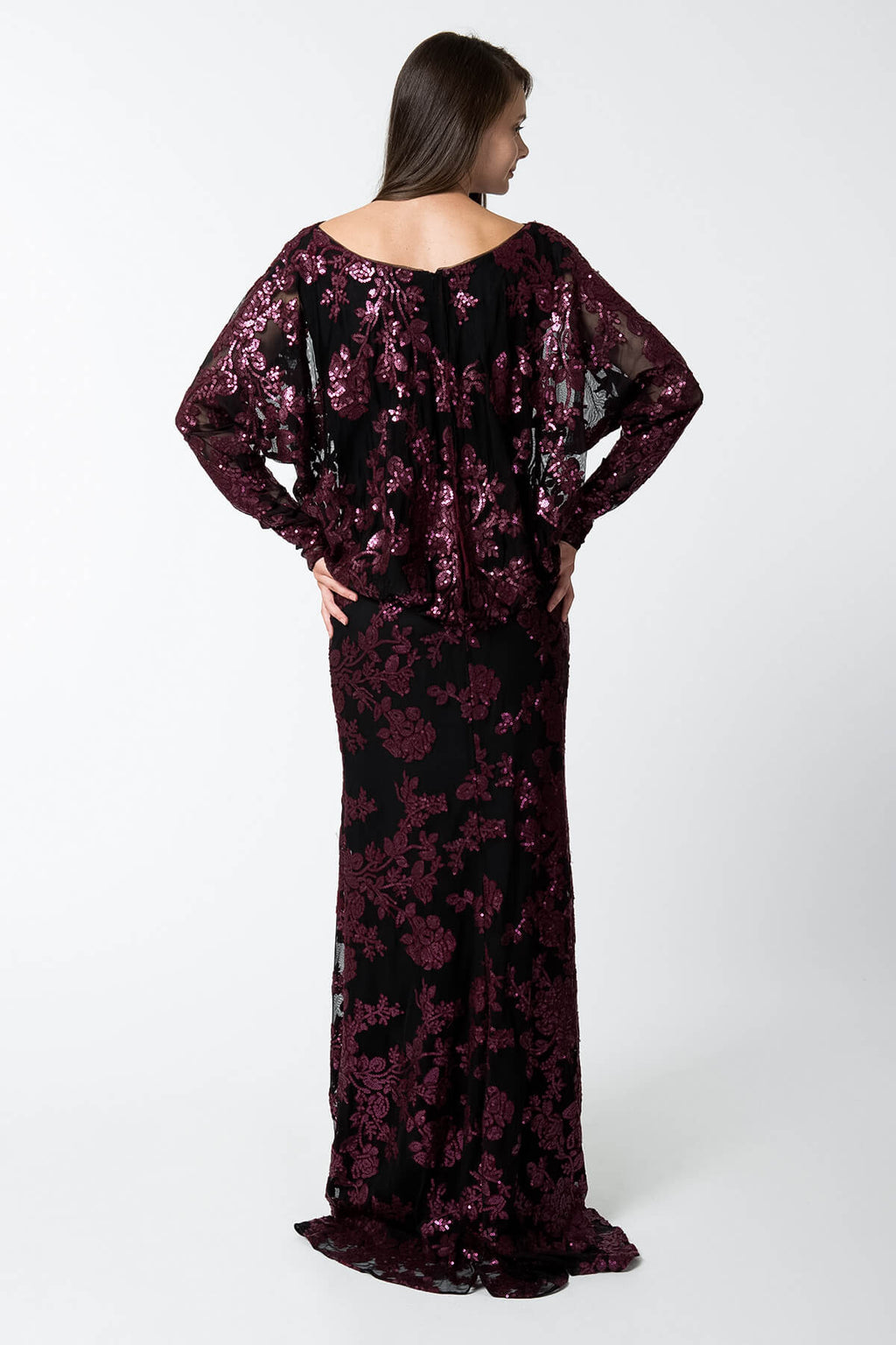 Paillette Embroidered Lace Dolman Sleeve Gown in Auburn / Black