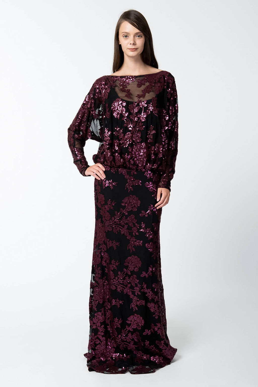 Paillette Embroidered Lace Dolman Sleeve Gown in Auburn / Black