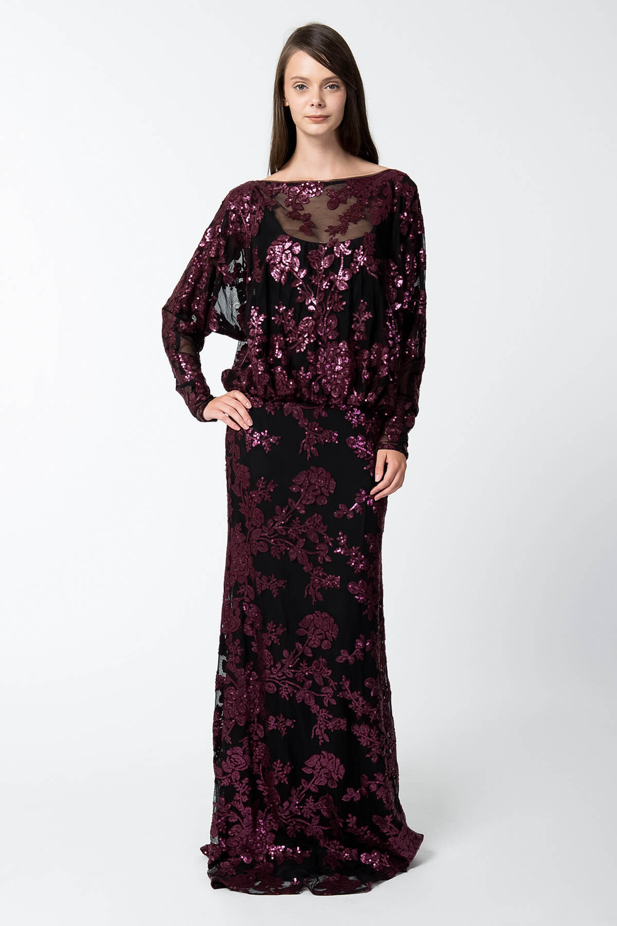 Paillette Embroidered Lace Dolman Sleeve Gown in Auburn / Black