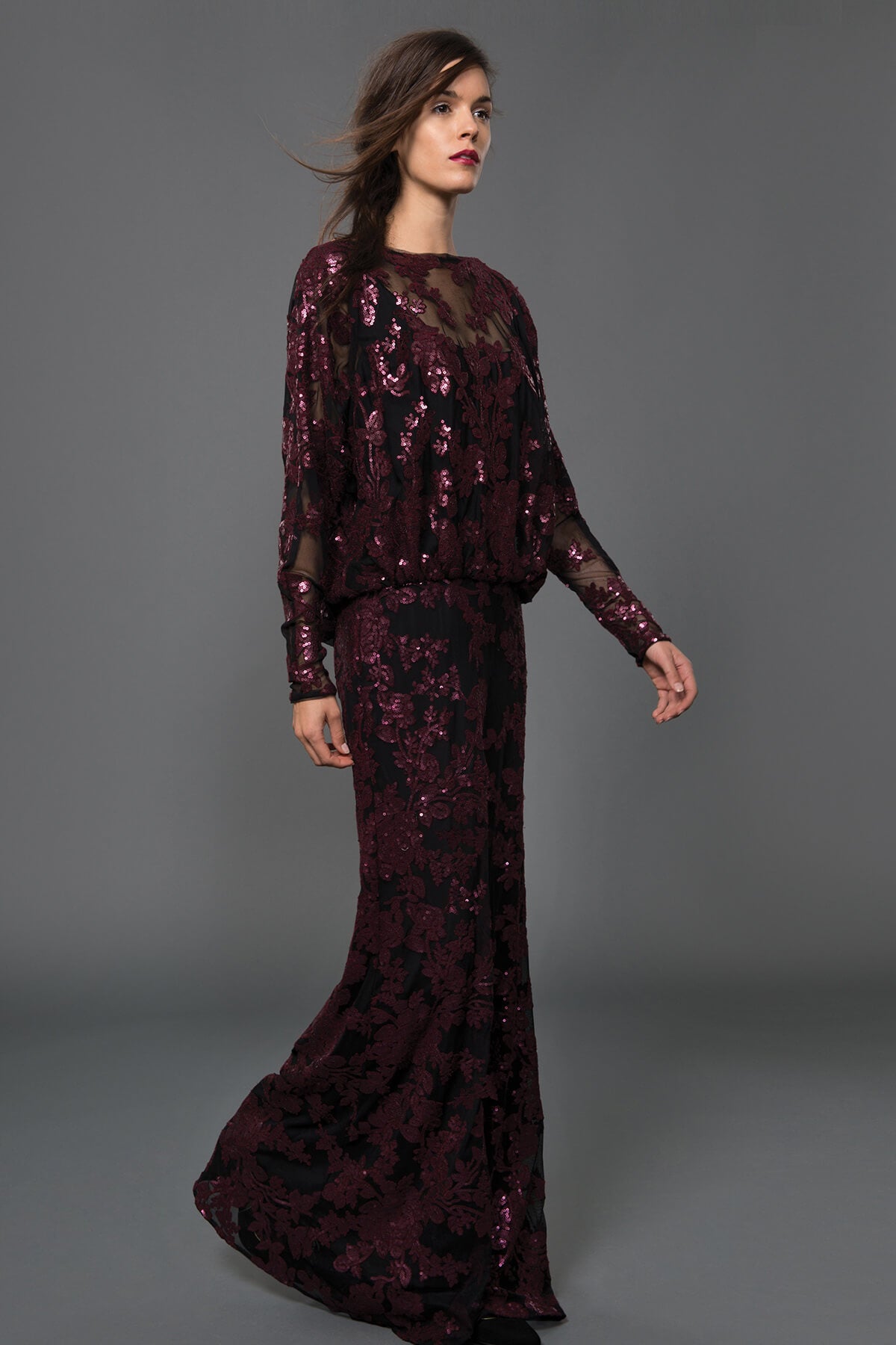 Paillette Embroidered Lace Dolman Sleeve Gown in Auburn / Black