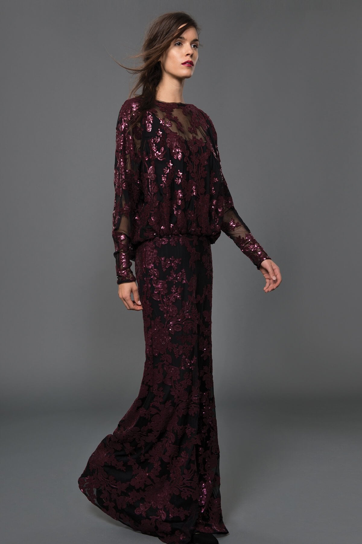Paillette Embroidered Lace Dolman Sleeve Gown in Auburn / Black