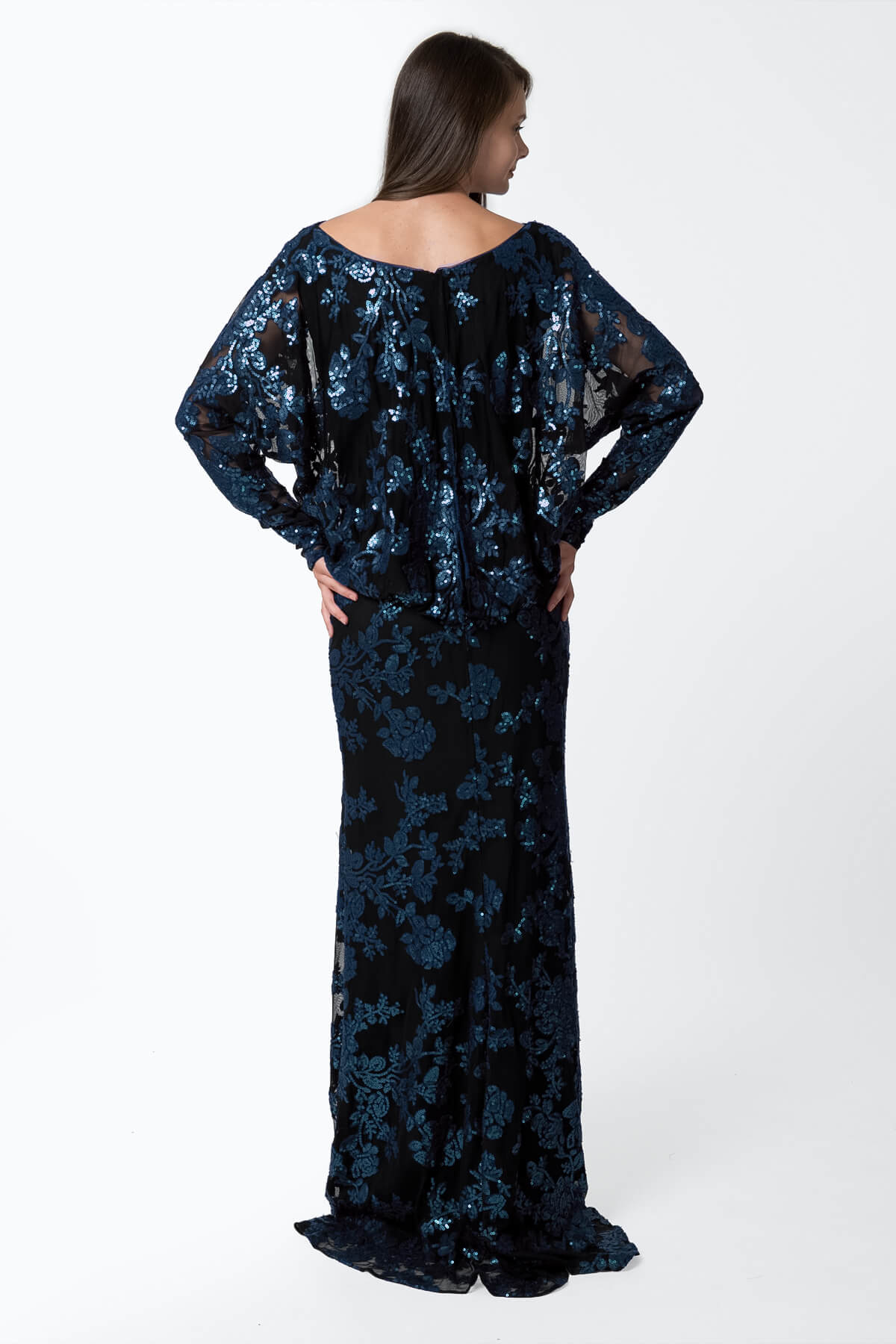 Paillette Embroidered Lace Dolman Sleeve Gown in Prussian Blue / Black