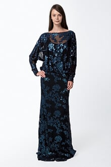 Paillette Embroidered Lace Dolman Sleeve Gown in Prussian Blue / Black