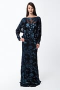 Paillette Embroidered Lace Dolman Sleeve Gown in Prussian Blue / Black