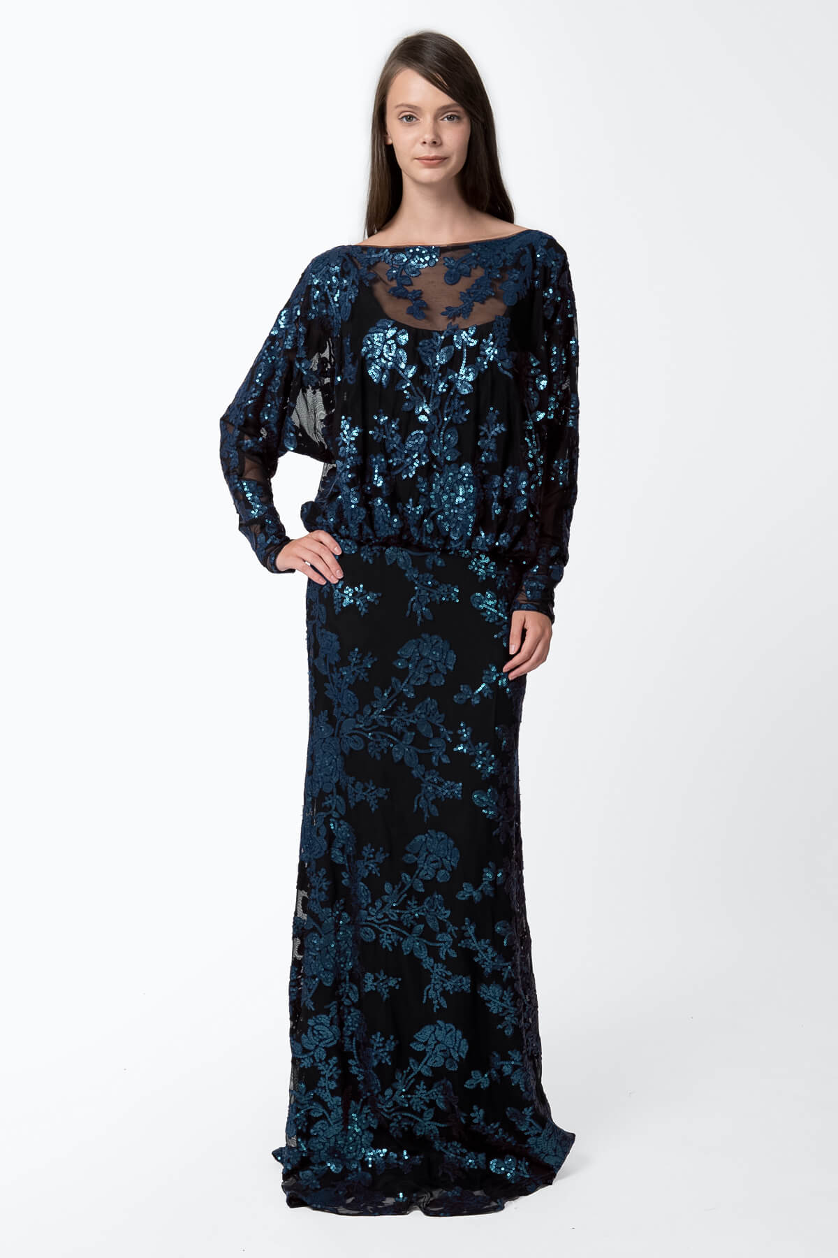 Paillette Embroidered Lace Dolman Sleeve Gown in Prussian Blue / Black