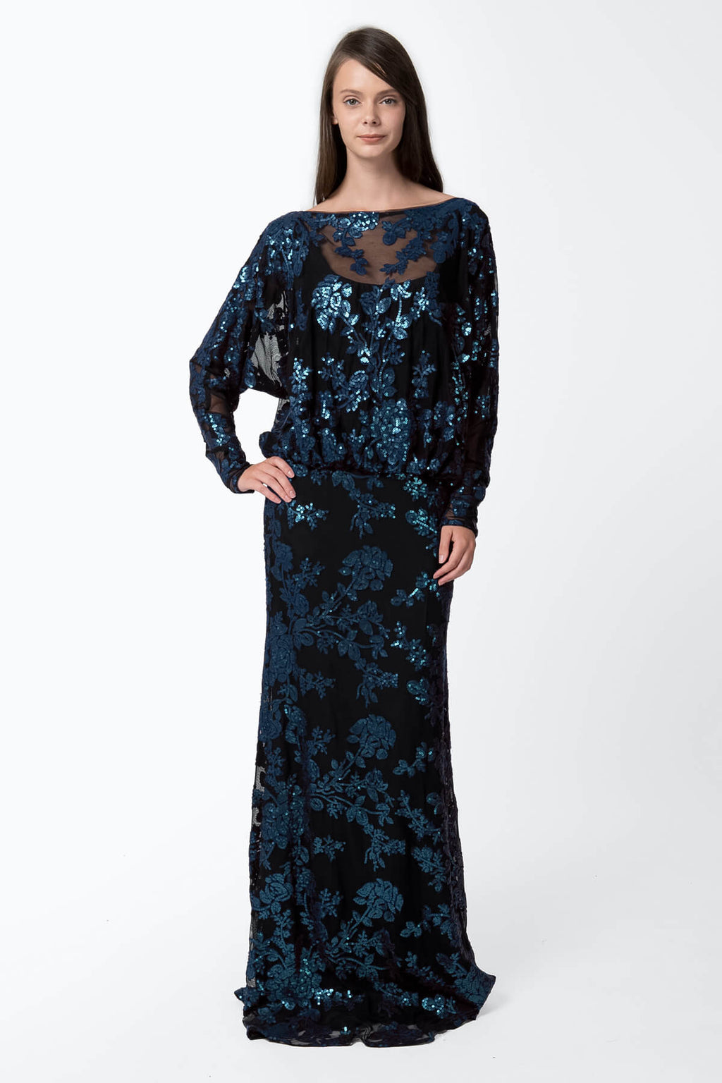 Paillette Embroidered Lace Dolman Sleeve Gown in Prussian Blue / Black