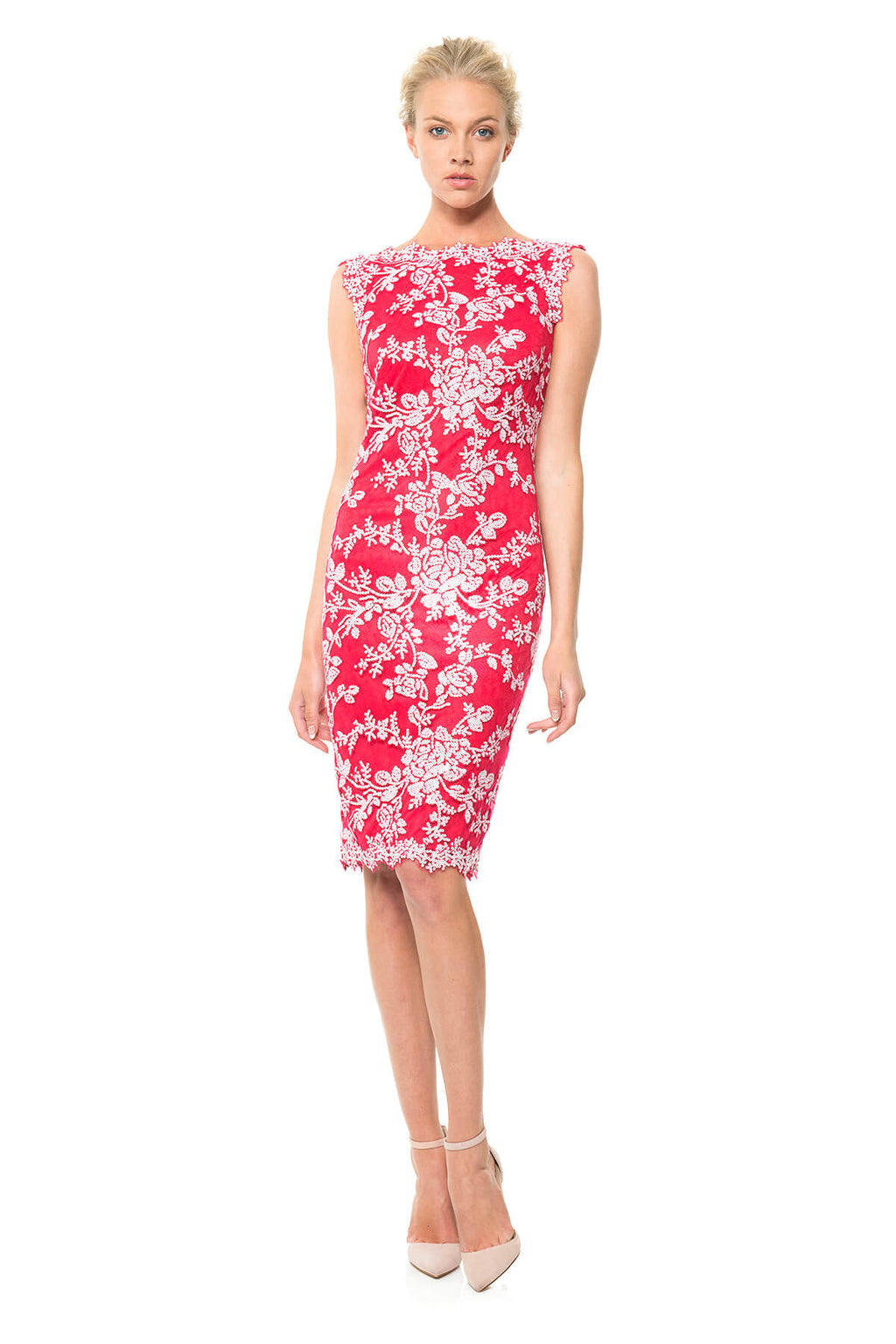 Paillette Embroidered Lace Boatneck Dress