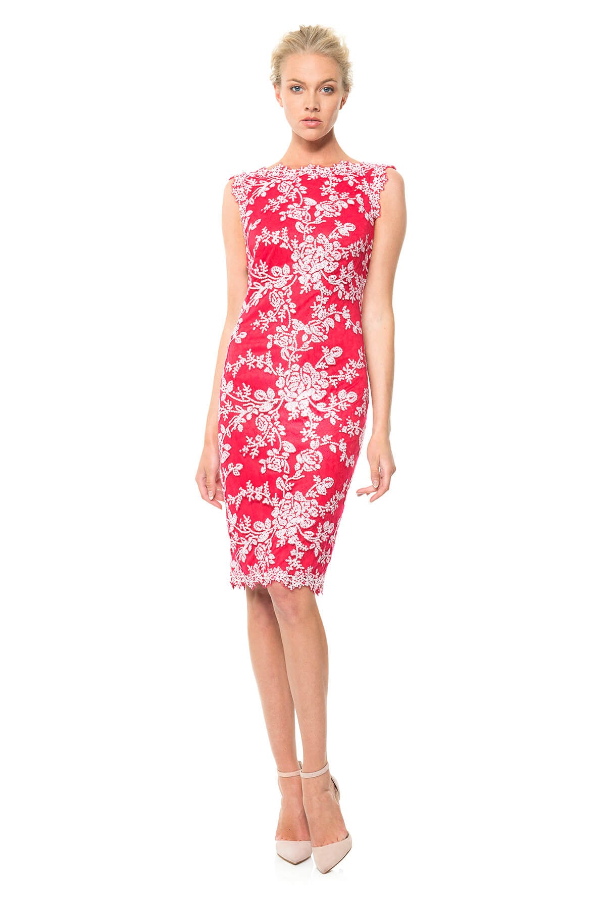 Paillette Embroidered Lace Boatneck Dress