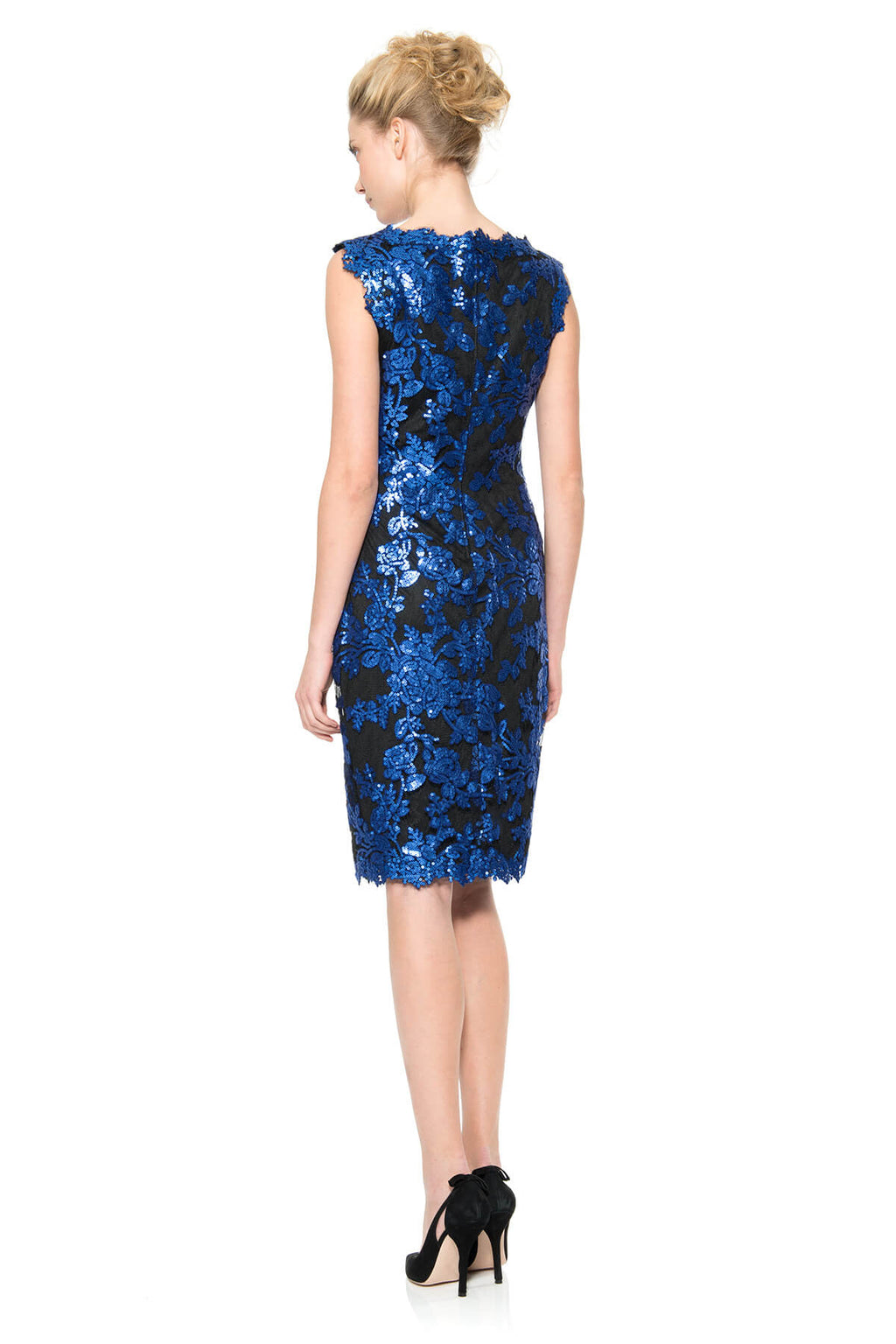 Paillette Embroidered Lace Boatneck Dress in Sapphire / Black