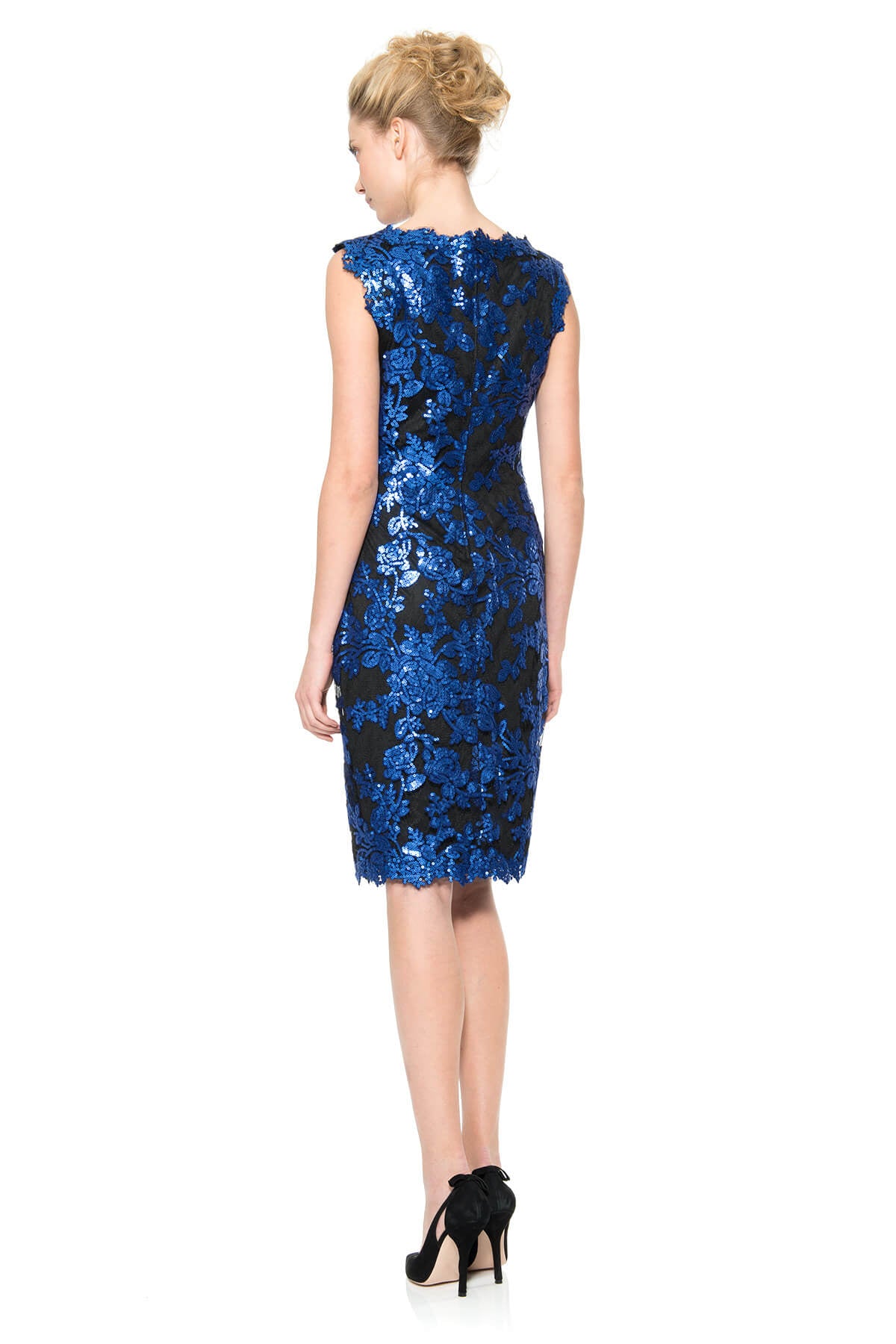 Paillette Embroidered Lace Boatneck Dress in Sapphire / Black