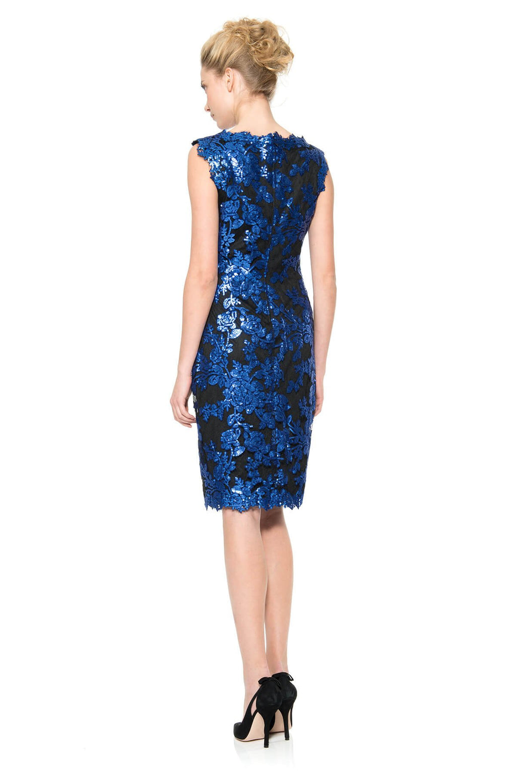 Paillette Embroidered Lace Boatneck Dress in Sapphire / Black