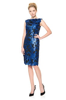 Paillette Embroidered Lace Boatneck Dress in Sapphire / Black