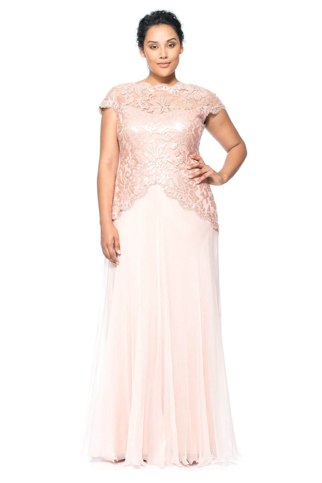 Paillette Embroidered Lace and Chiffon Skirt Gown - PLUS SIZE