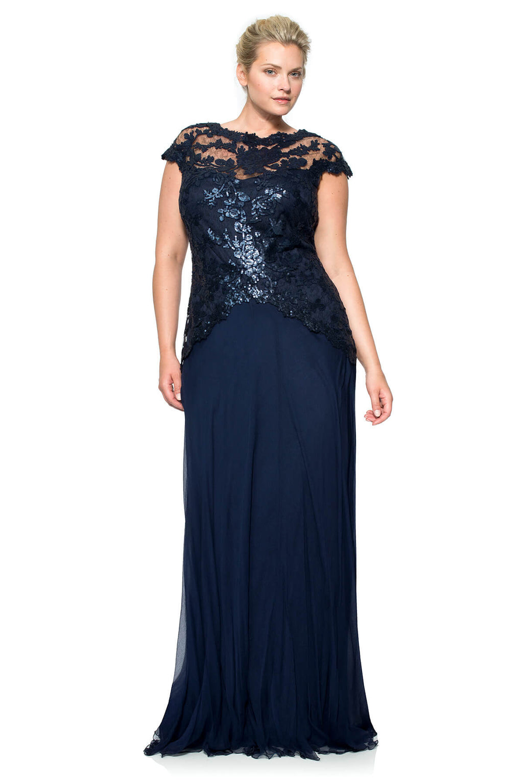 Paillette Embroidered Lace and Chiffon Skirt Gown - PLUS SIZE