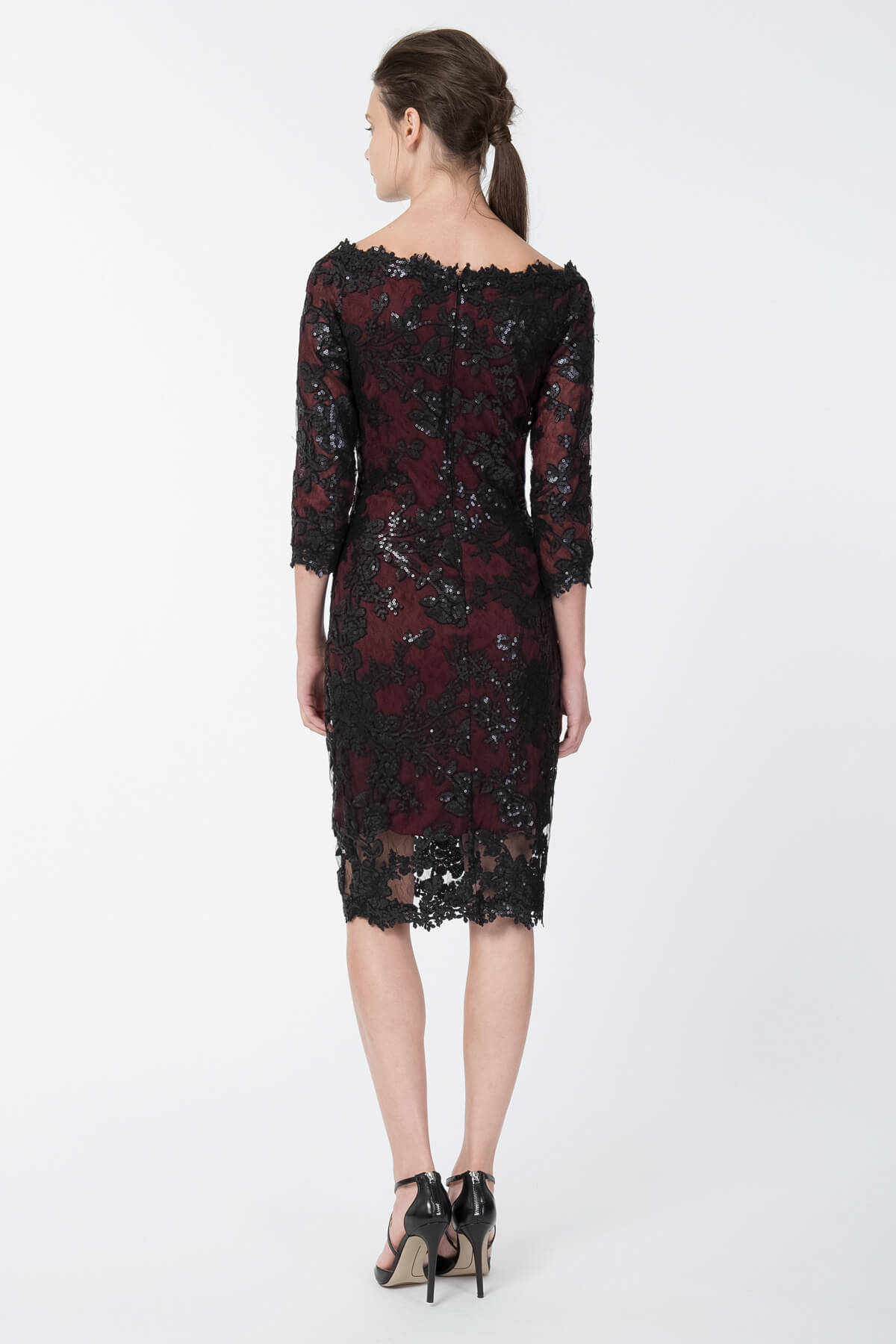 Paillette Embroidered Lace Off Shoulder Dress in Black / Auburn