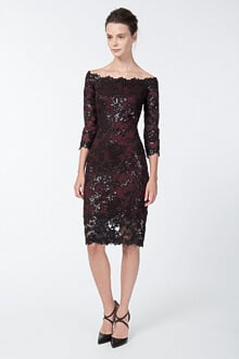 Paillette Embroidered Lace Off Shoulder Dress in Black / Auburn