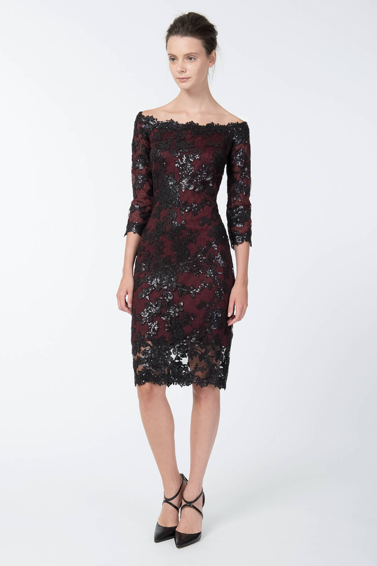Paillette Embroidered Lace Off Shoulder Dress in Black / Auburn