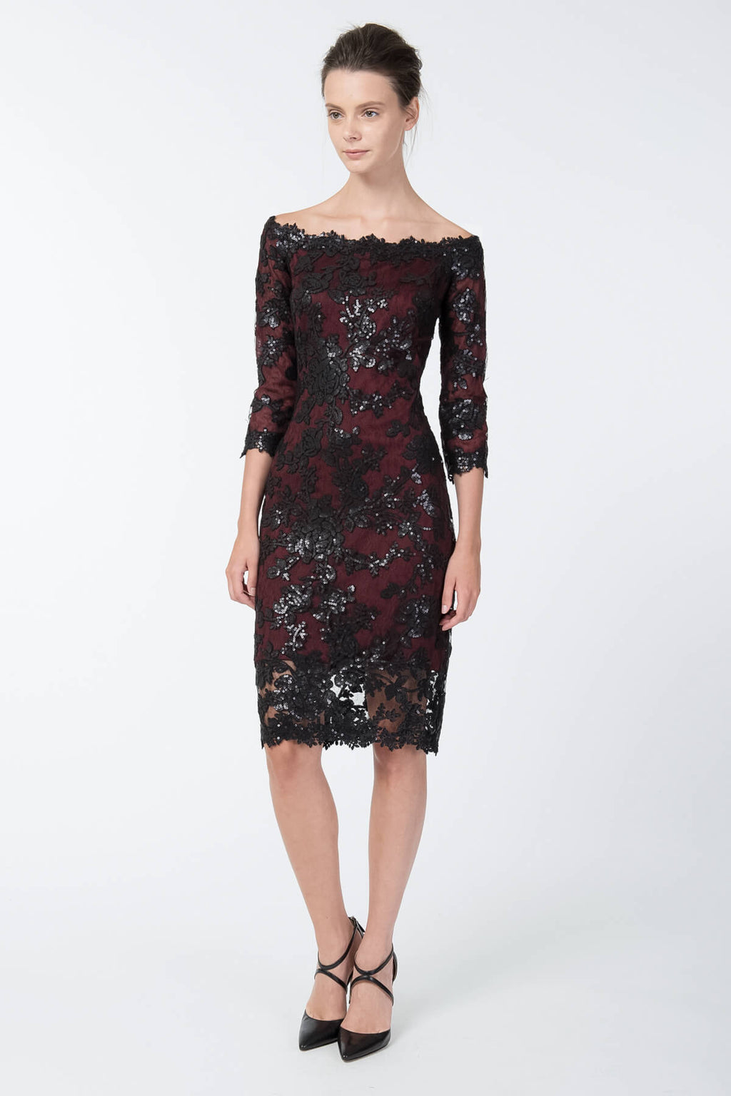 Paillette Embroidered Lace Off Shoulder Dress in Black / Auburn