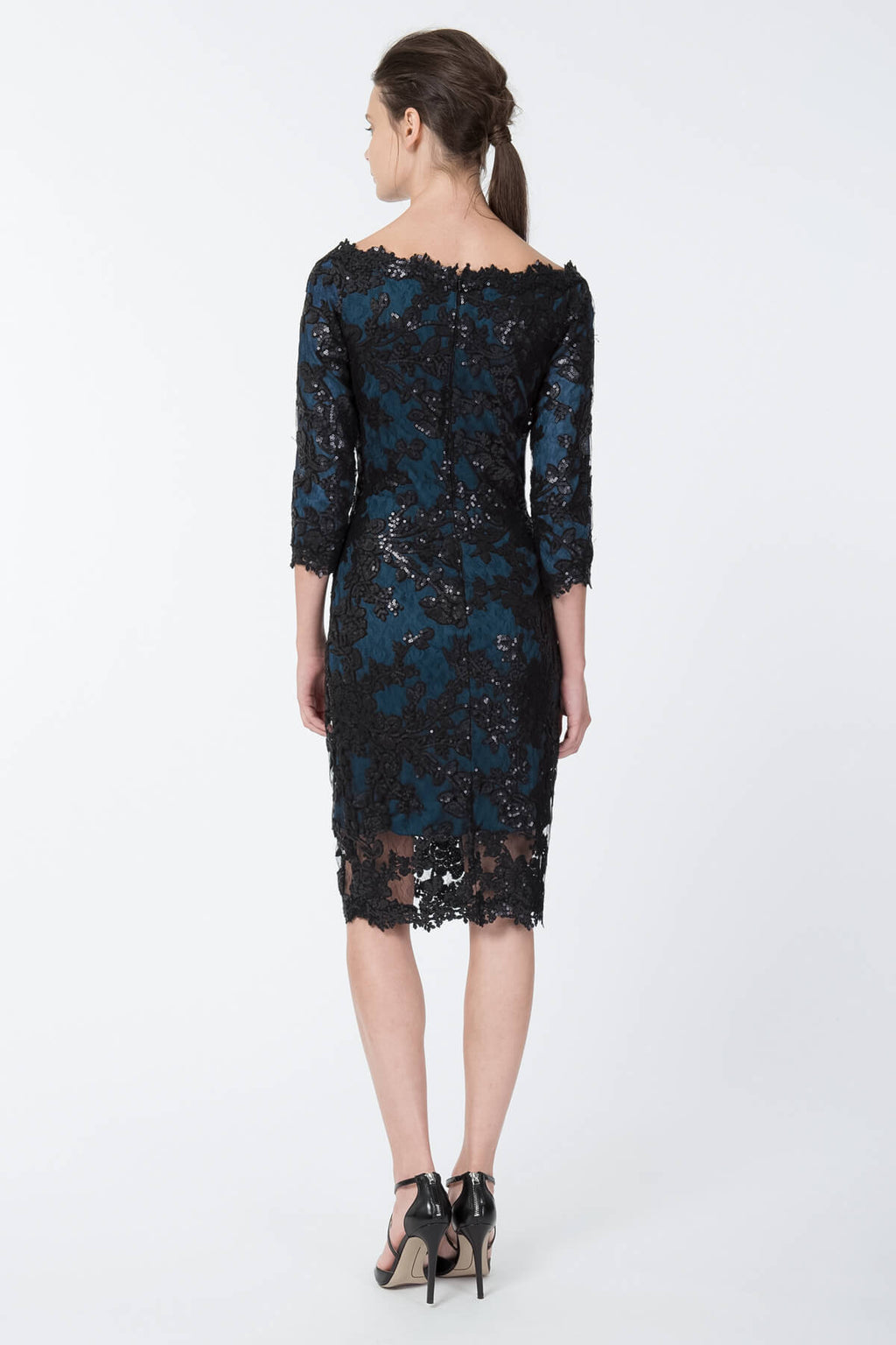 Paillette Embroidered Lace Off Shoulder Dress in Black / Prussian Blue