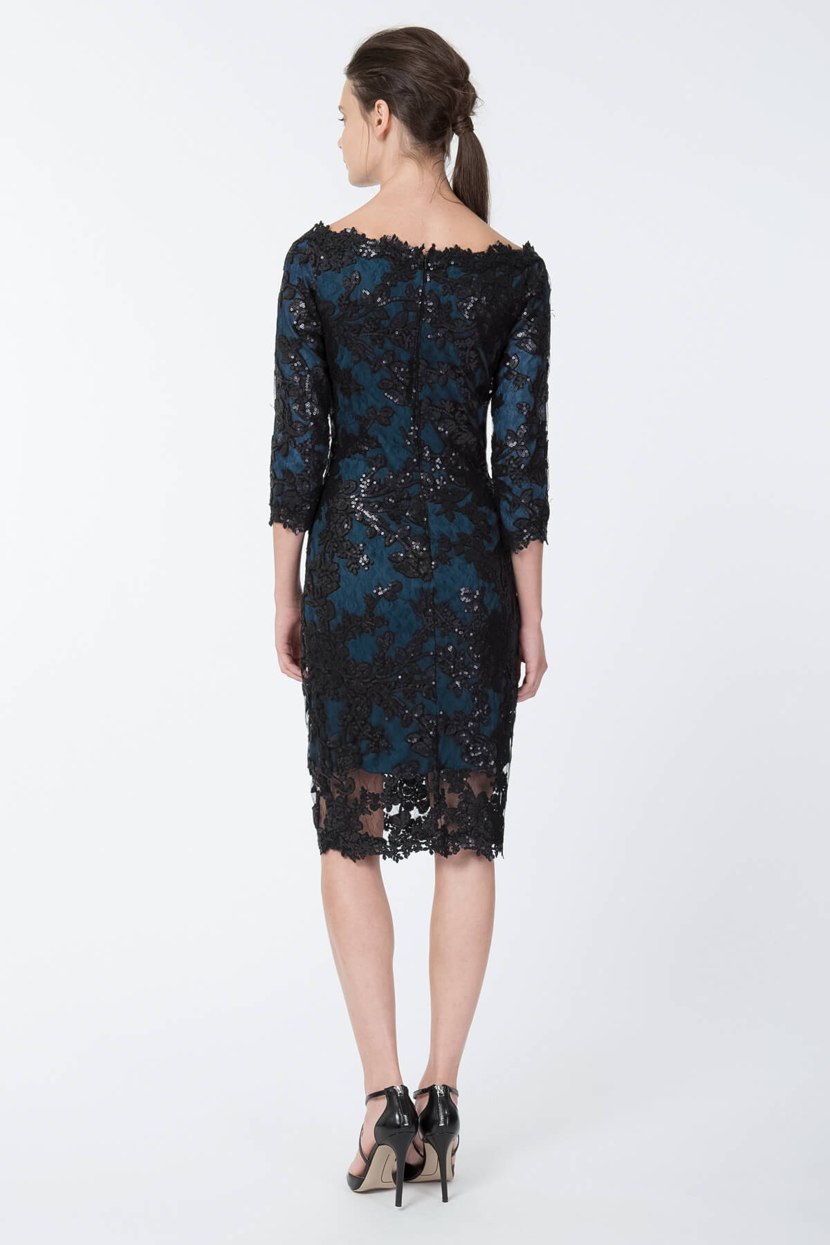 Paillette Embroidered Lace Off Shoulder Dress in Black / Prussian Blue
