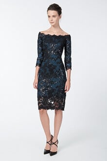 Paillette Embroidered Lace Off Shoulder Dress in Black / Prussian Blue