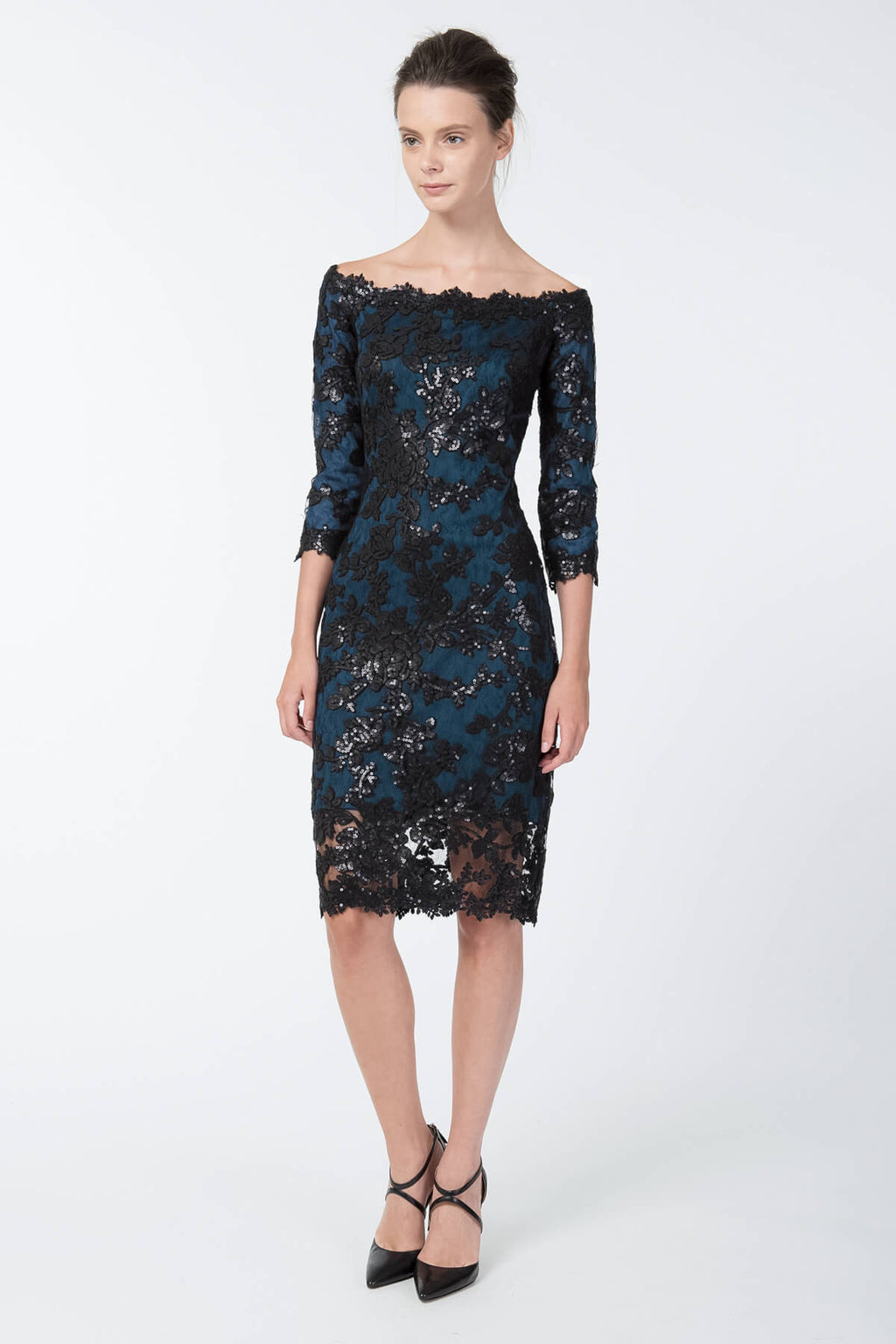 Paillette Embroidered Lace Off Shoulder Dress in Black / Prussian Blue
