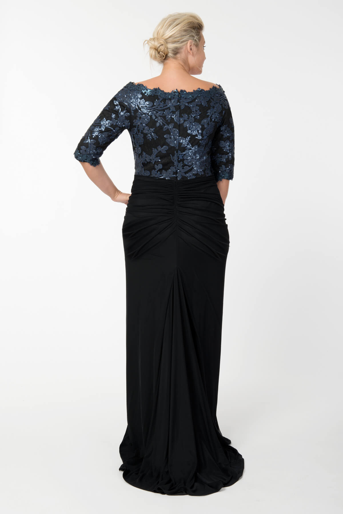 Sequin Lace Asymmetric Gown in Prussian Blue / Black
