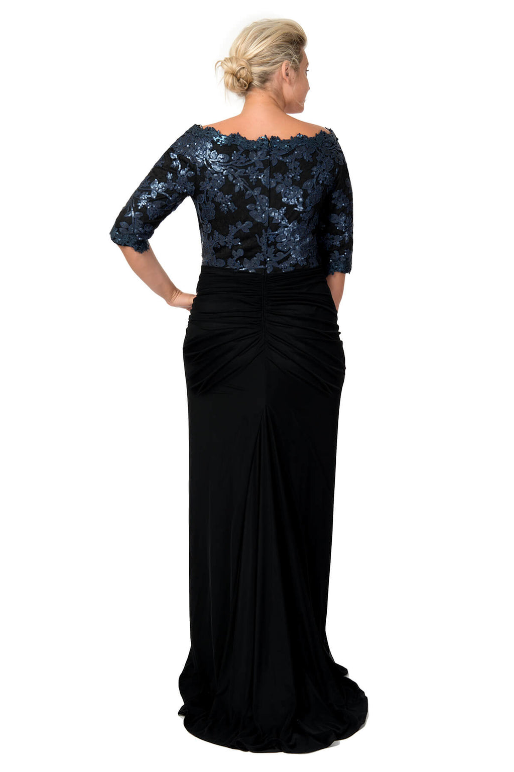 Sequin Lace Asymmetric Gown in Prussian Blue / Black