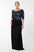 Sequin Lace Asymmetric Gown in Prussian Blue / Black