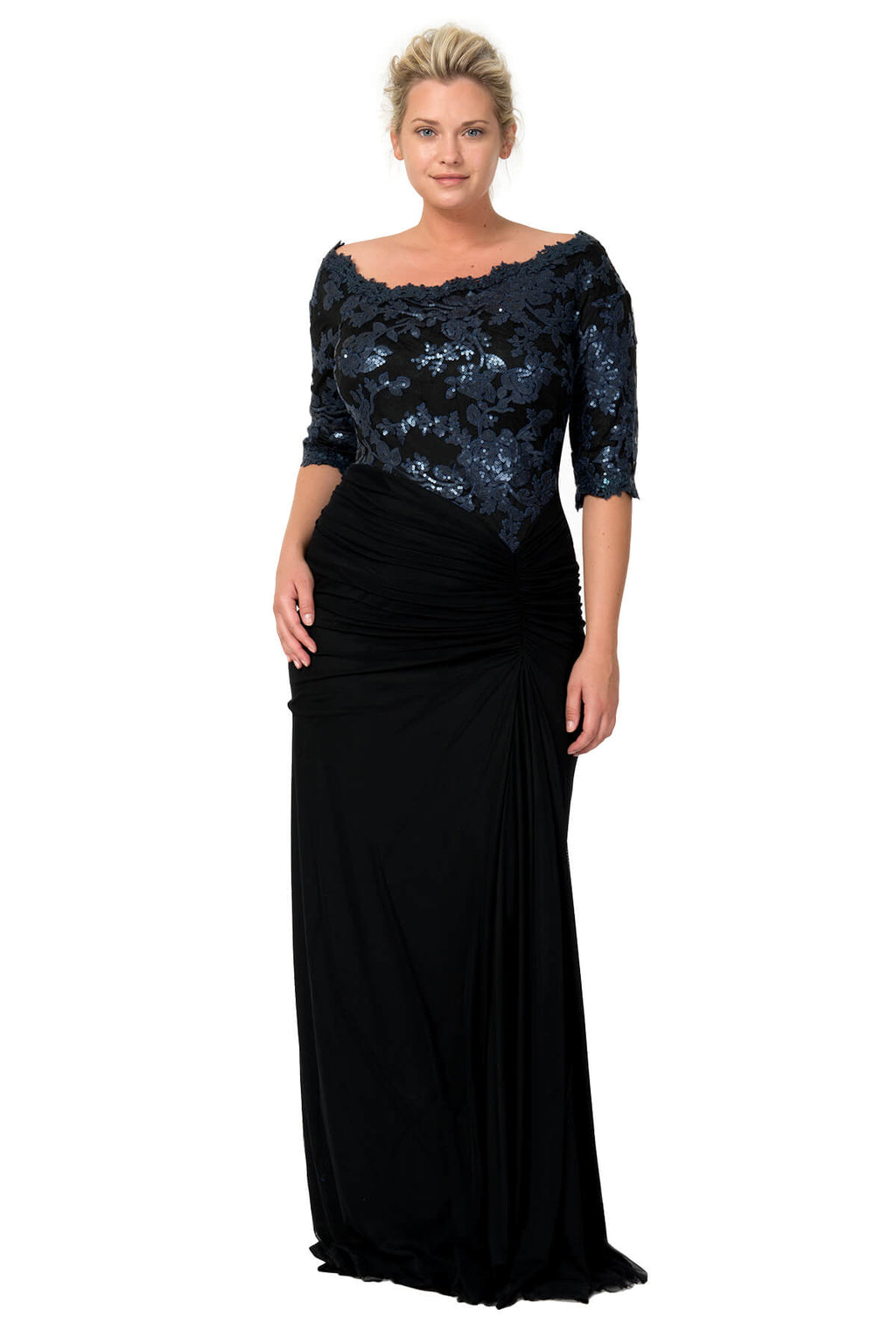 Sequin Lace Asymmetric Gown in Prussian Blue / Black