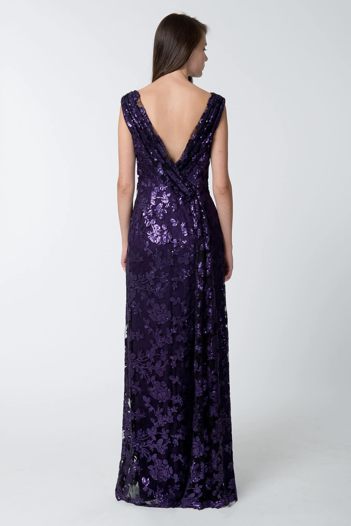 Paillette Embroidered Lace Boatneck Gown in Deep Amethyst