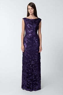 Paillette Embroidered Lace Boatneck Gown in Deep Amethyst