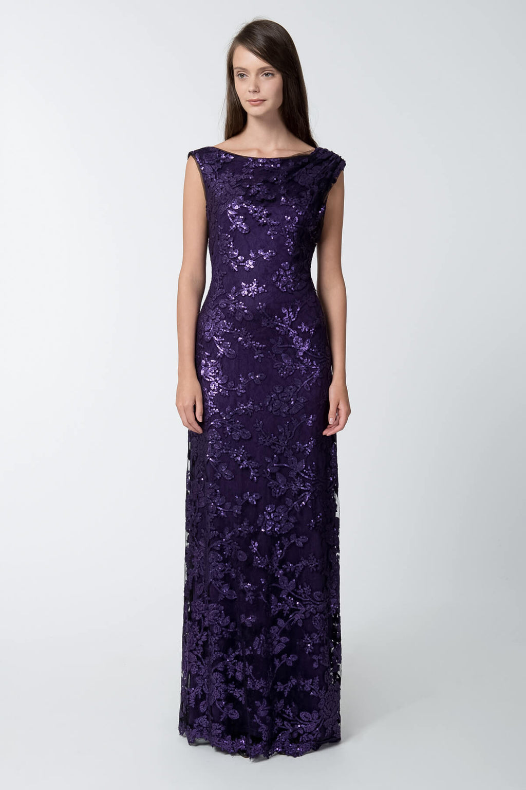 Paillette Embroidered Lace Boatneck Gown in Deep Amethyst