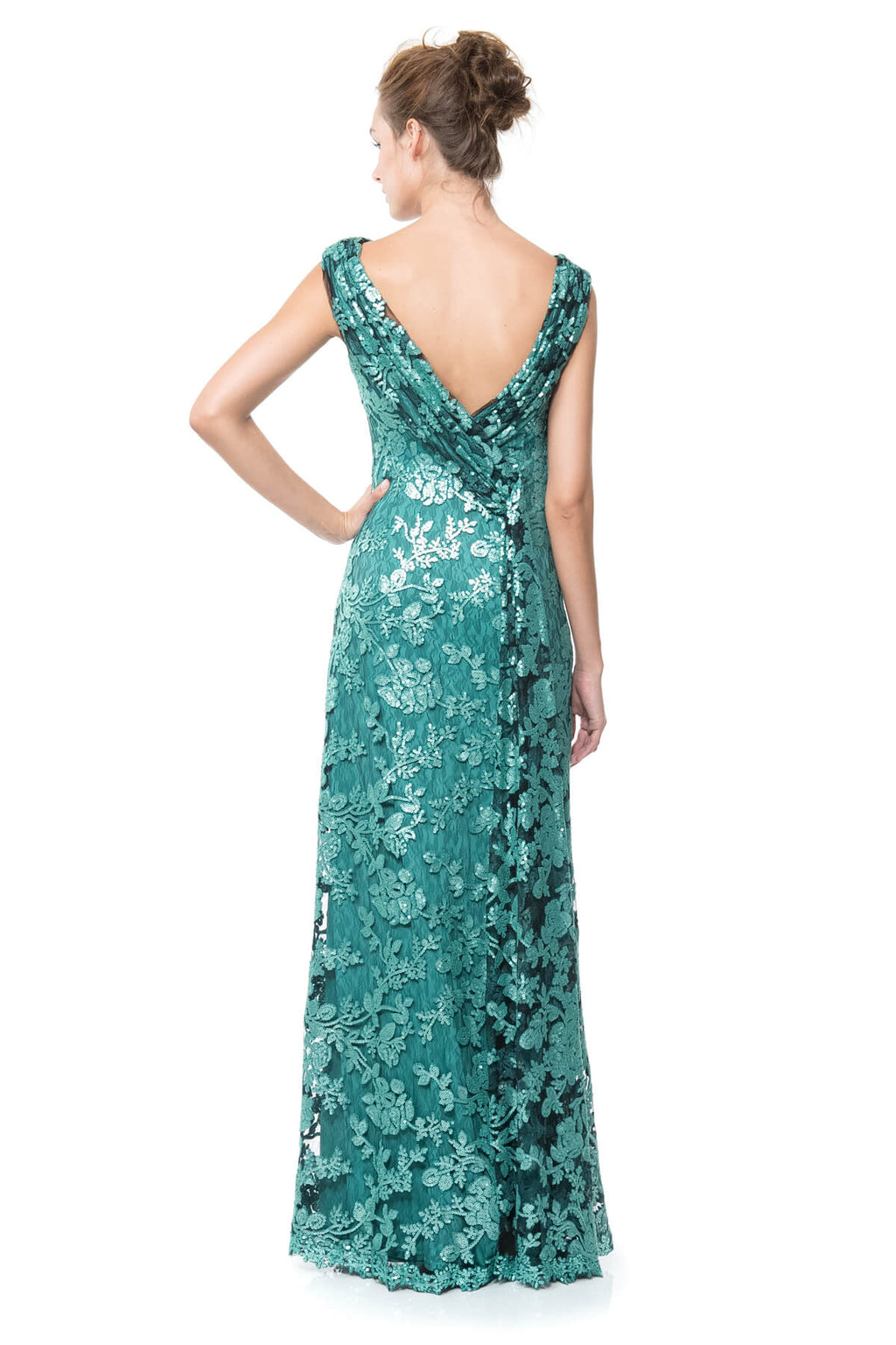 Paillette Embroidered Lace Boatneck Gown in Mystic Teal