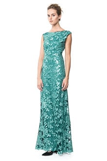 Paillette Embroidered Lace Boatneck Gown in Mystic Teal
