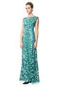 Paillette Embroidered Lace Boatneck Gown in Mystic Teal