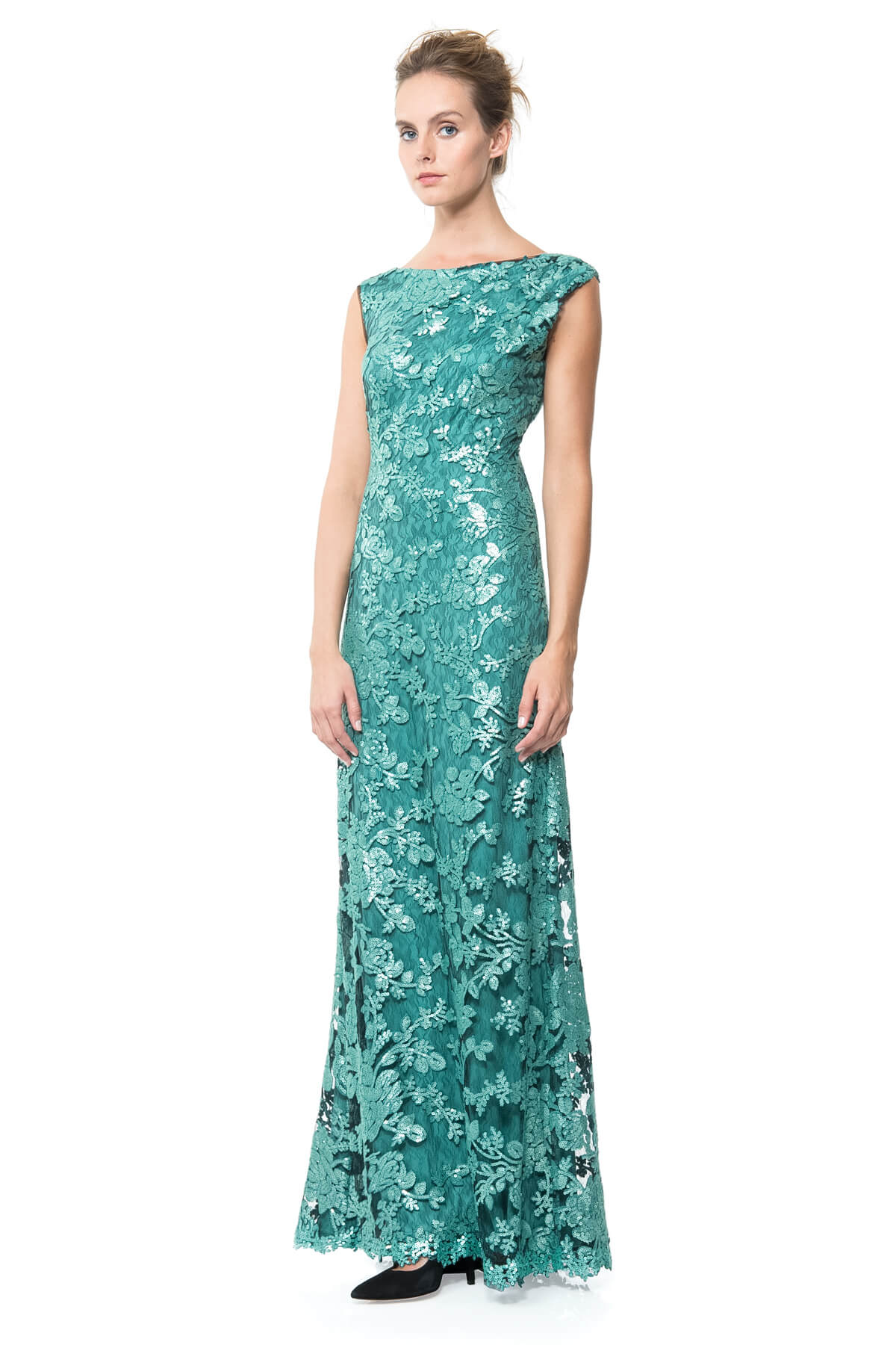 Paillette Embroidered Lace Boatneck Gown in Mystic Teal