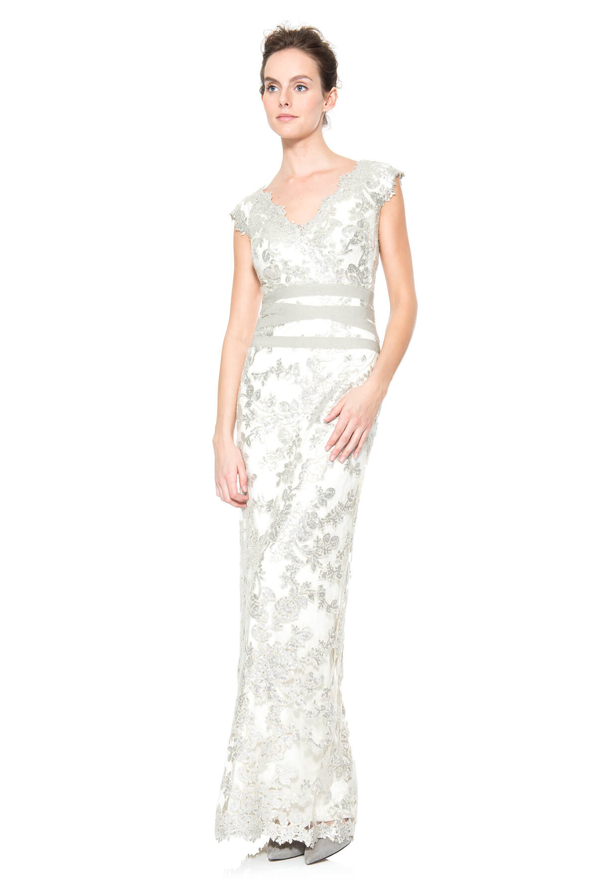 Paillette Embroidered Lace V-Neck Gown