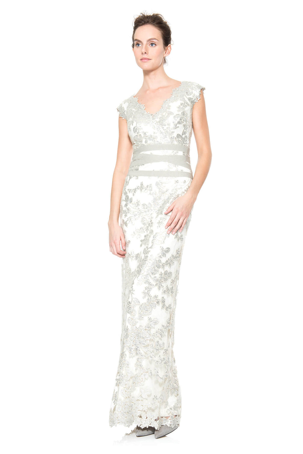 Paillette Embroidered Lace V-Neck Gown